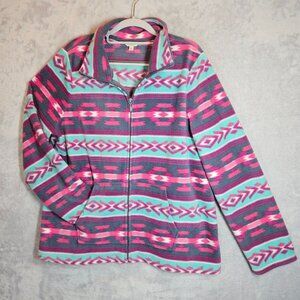 Sonoma Womens L Purple Full-Zip Fleece Jacket With Aztec Print colorful boho